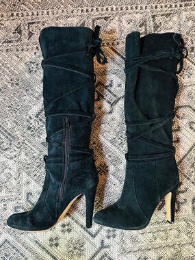 Vince Camuto Black Suede Wrap Boots Stiletto Heel Knee High Size 8